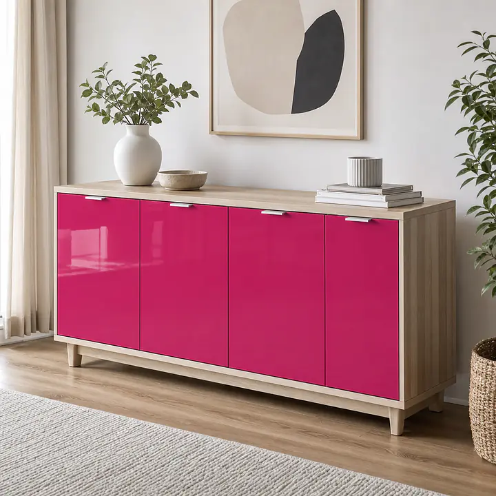 Möbelfolie Pink glänzend – kräftiges Einfarbdekor auf Sideboard