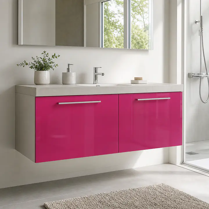 Möbelfolie Pink glänzend – kräftiges Einfarbdekor auf Badmöbel