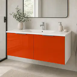 Möbelfolie Orange-Rot glänzend auf Badmöbel