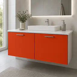 Möbelfolie Orange-Rot matt auf Badmöbel