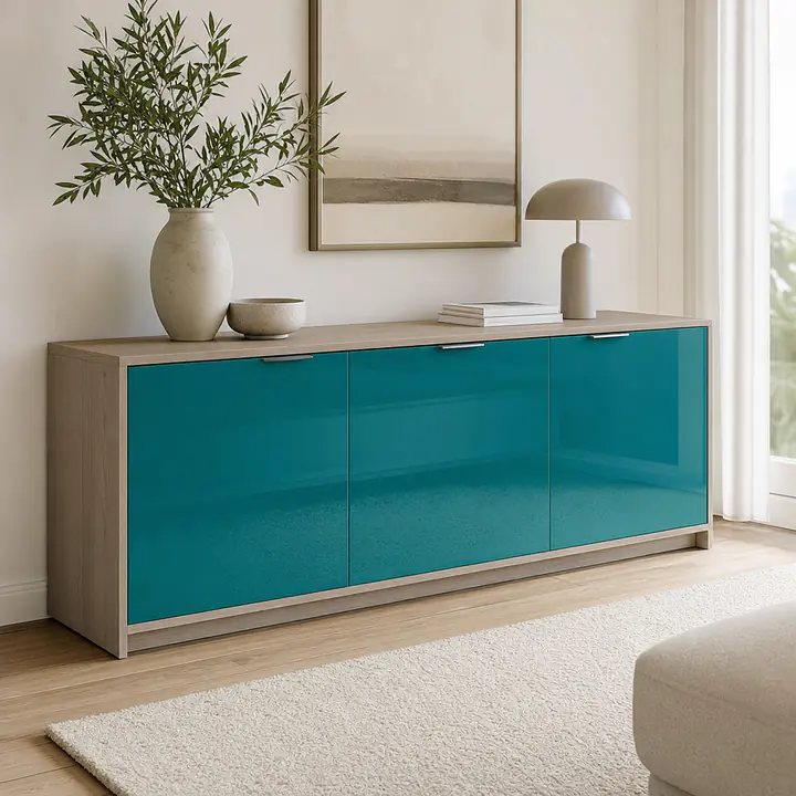 Möbelfolie Türkisblau glänzend auf Sideboard