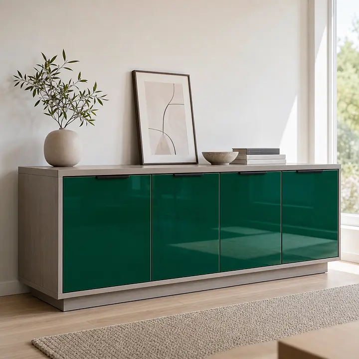 Möbelfolie Tannengrün glänzend auf Sideboard