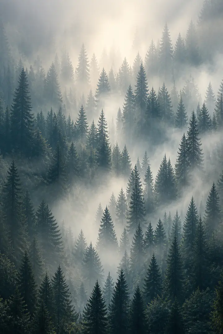 Fog Pines – stiller Morgenwald
