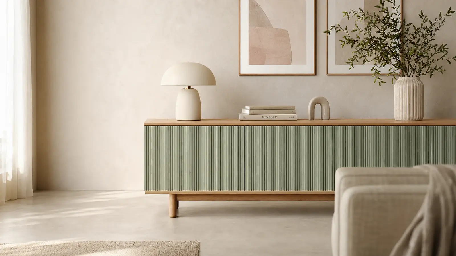 Sideboard mit salbeigrünen Möbelfolien in einem warmen Wohnzimmer