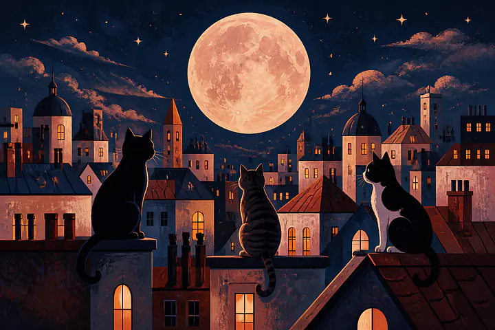 Rooftop Cats – nächtliche Stadtszene