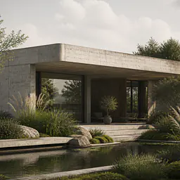 Soft Brutalism – Beton und Garten (Architektur-Wandbild)