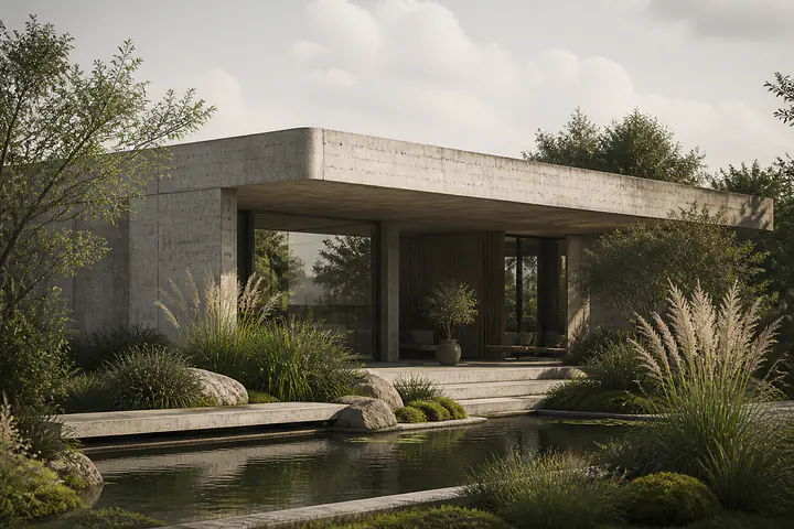 Soft Brutalism – Beton und Garten (Architektur-Wandbild)