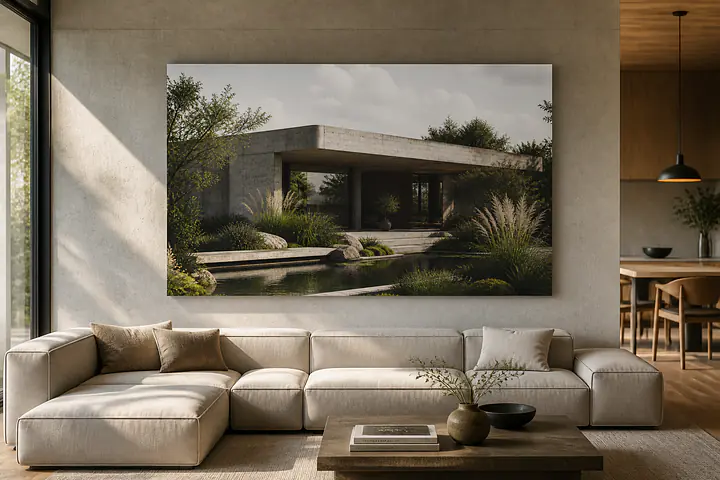 Soft Brutalism – Beton und Garten (Architektur-Wandbild)
