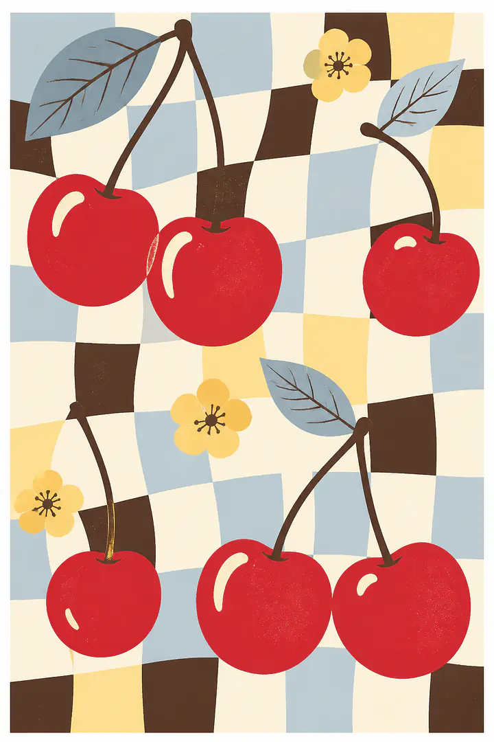 Cherries & Checks – verspieltes Küchen-Wandbild