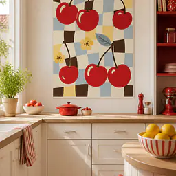 Cherries & Checks – verspieltes Küchen-Wandbild