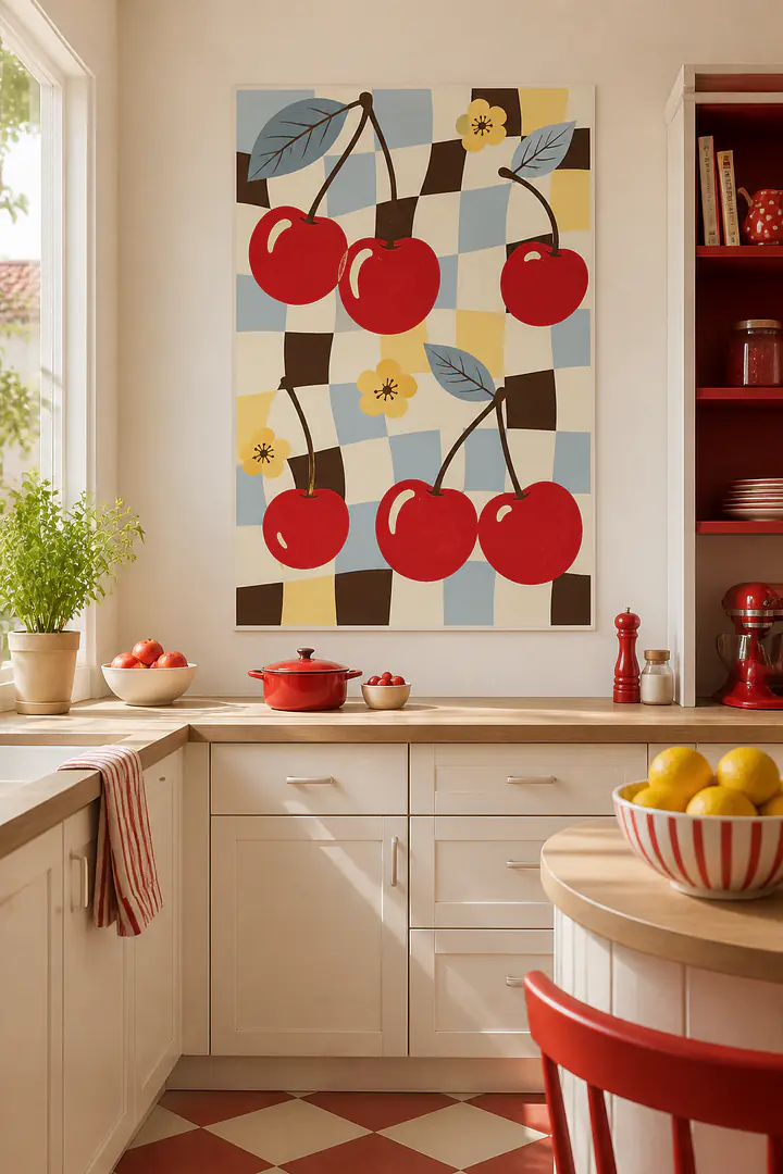 Cherries & Checks – verspieltes Küchen-Wandbild