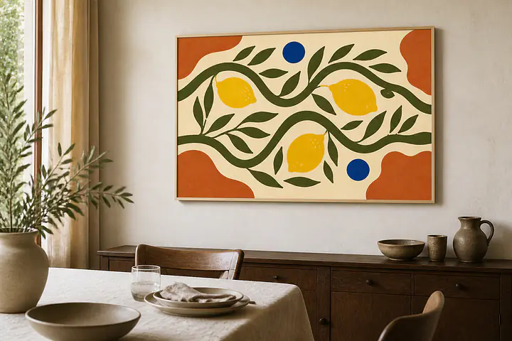 Olive Lemon Ribbon – Mediterranes Retro-Wandbild