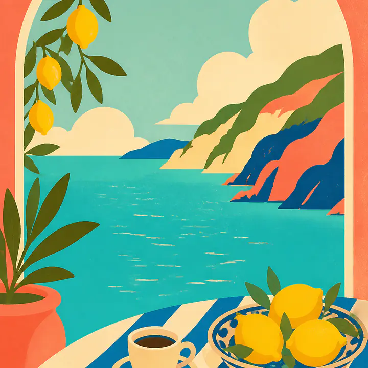 Amalfi Balcony Breakfast – Mediterranes Retro-Wandbild primary image
