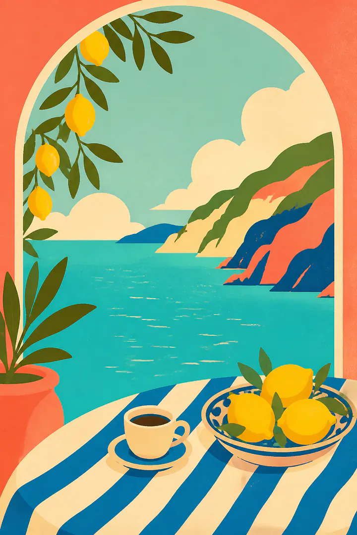 Amalfi Balcony Breakfast – Mediterranes Retro-Wandbild