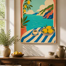 Amalfi Balcony Breakfast – Mediterranes Retro-Wandbild