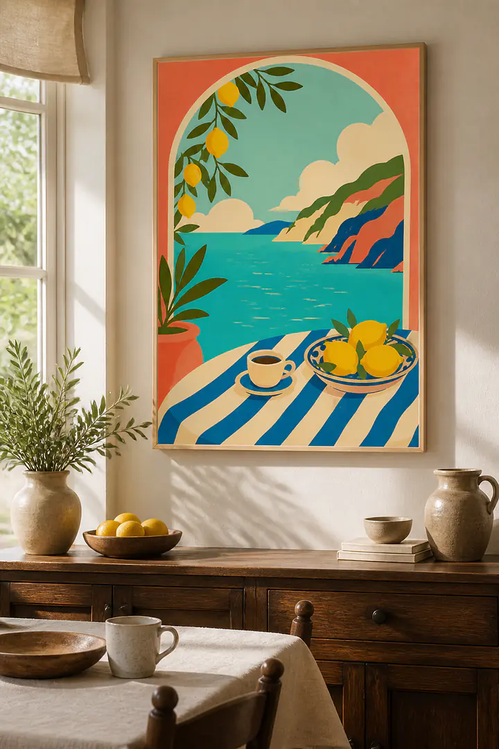 Amalfi Balcony Breakfast – Mediterranes Retro-Wandbild