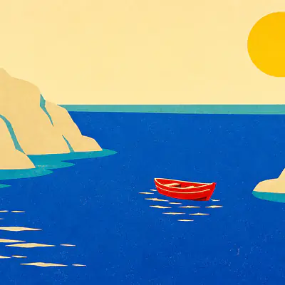 Red Boat Blue Bay – Mediterranes Retro-Wandbild primary image