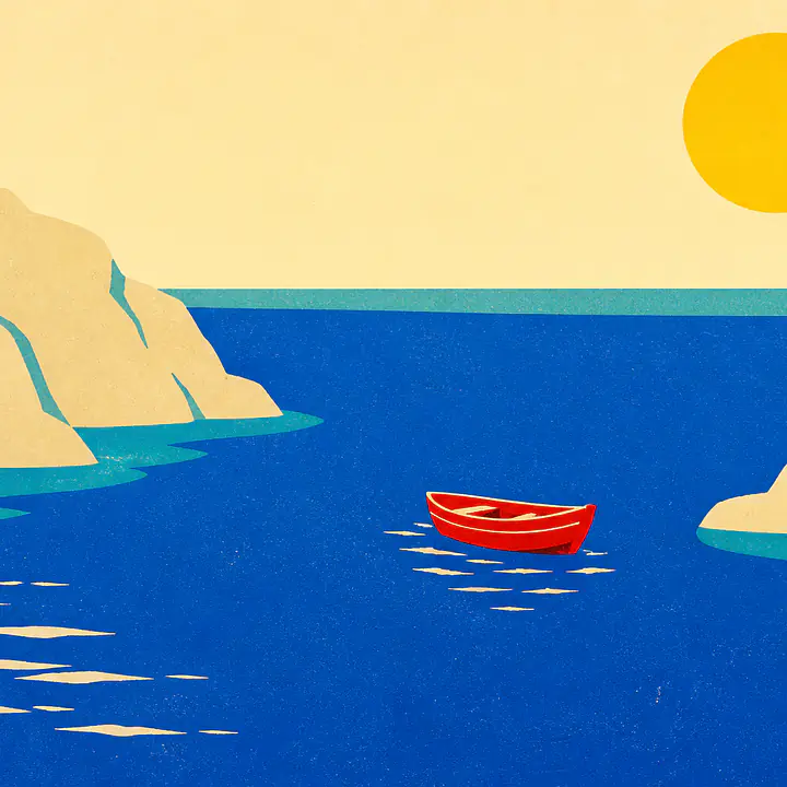 Red Boat Blue Bay – Mediterranes Retro-Wandbild primary image