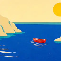 Red Boat Blue Bay – Mediterranes Retro-Wandbild