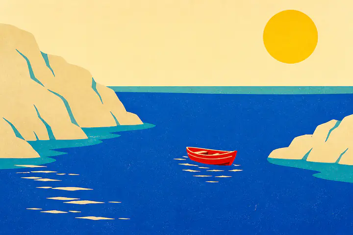 Red Boat Blue Bay – Mediterranes Retro-Wandbild