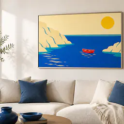 Red Boat Blue Bay – Mediterranes Retro-Wandbild