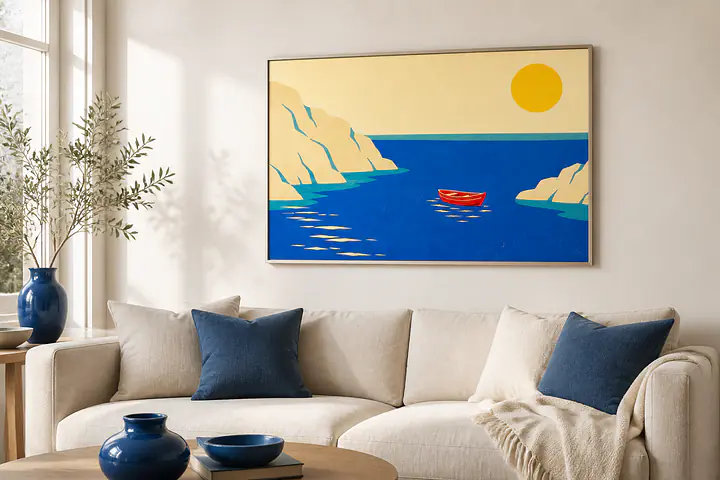 Red Boat Blue Bay – Mediterranes Retro-Wandbild