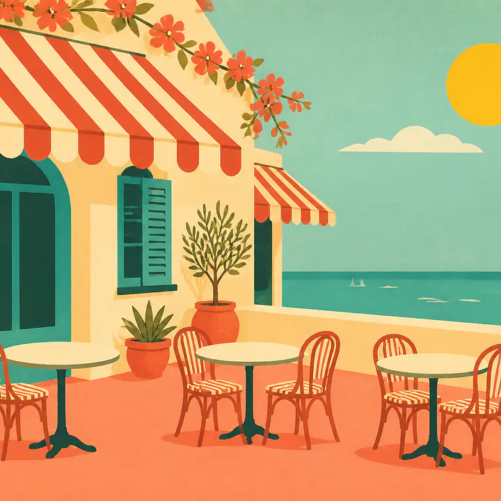 Coastal Café Noon – Mediterranes Retro-Wandbild primary image