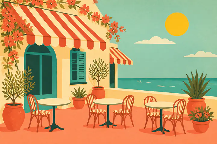 Coastal Café Noon – Mediterranes Retro-Wandbild