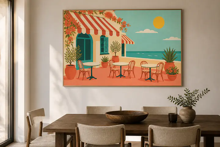 Coastal Café Noon – Mediterranes Retro-Wandbild