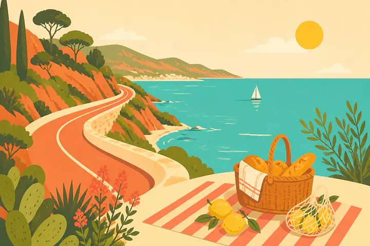 Coast Road Picnic – Mediterranes Retro-Wandbild