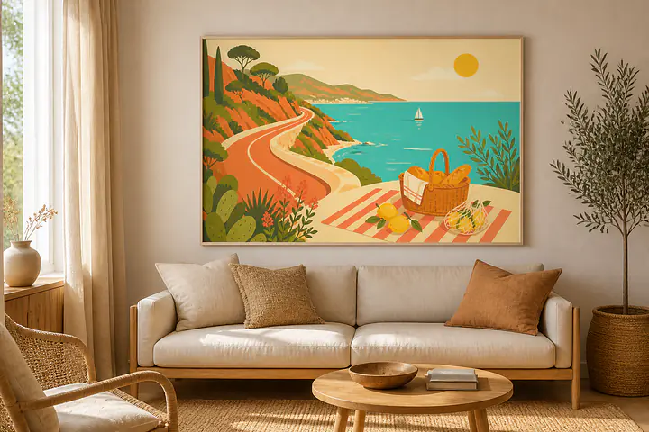 Coast Road Picnic – Mediterranes Retro-Wandbild