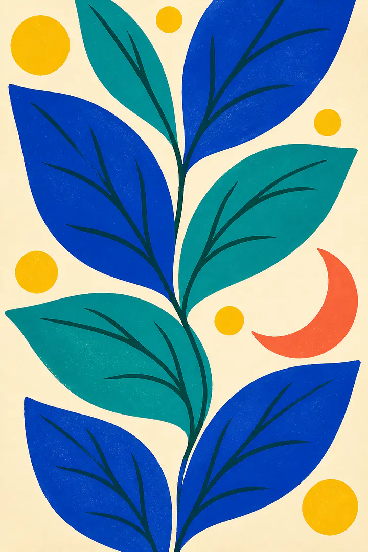 Blue Leaf Parade – Mediterranes Retro-Wandbild
