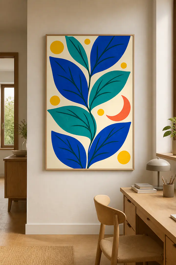 Blue Leaf Parade – Mediterranes Retro-Wandbild